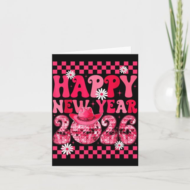 Carte Happy New Year 2026 Cowgirl Cowboy Disco Ball Girl (Devant)