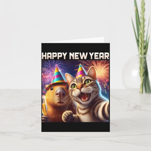 Carte Happy New Year 2026 Cute Cat Capybara Party Art  (Devant)