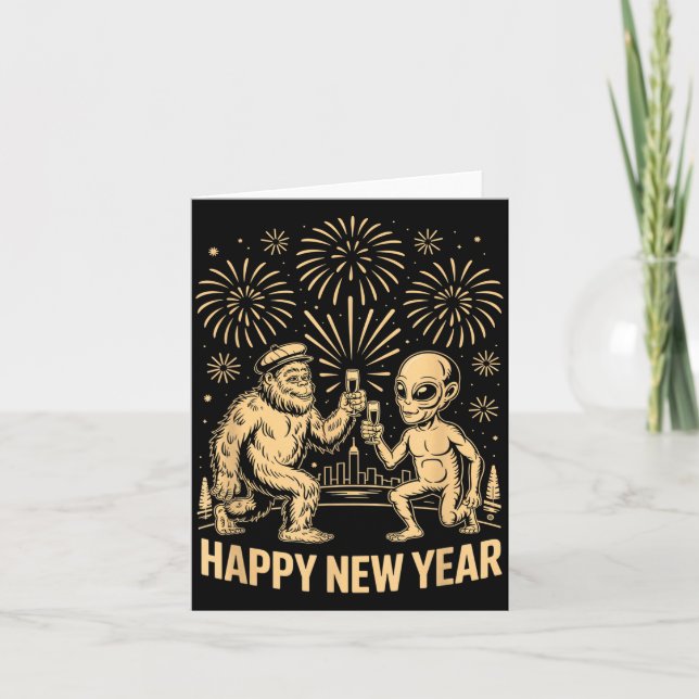 Carte Happy New Year 2026 Funny Bigfoot And Alien Lovers (Devant)