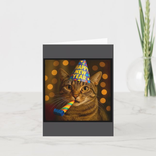Carte Happy New Year Cat Funny Party Hat Feline Meme Cel (Devant)