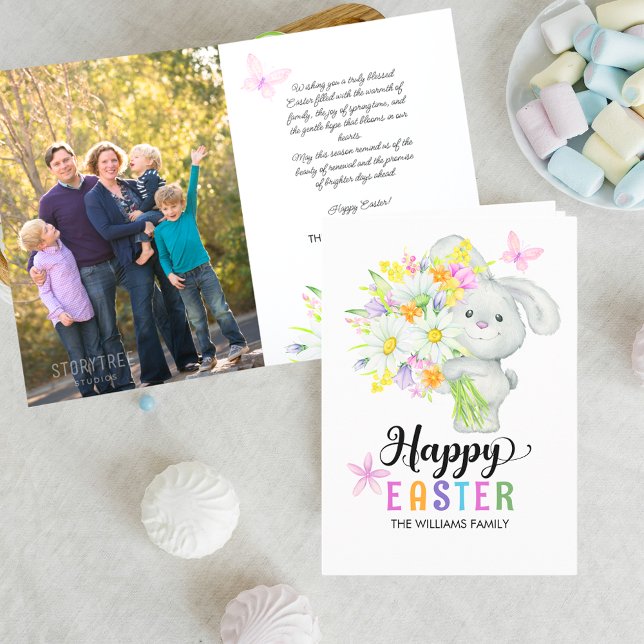 Carte Happy Pâques mignon lapin aquarelle Bouquet Photo (Créateur téléchargé)