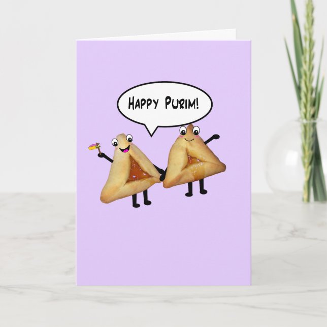 Carte Happy Purim Cute Smiling Hamentaschen Cartoon (Devant)