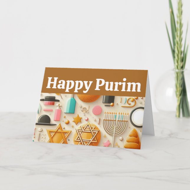 Carte Happy Purim, Étoile De David, Menorah, Kosher, Art (Devant)