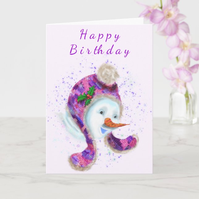 Carte Happy Snowman Dans Purple Rose Beanie Hiver Casque (Orchidée)