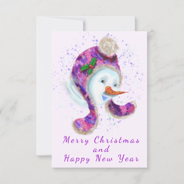 Carte Happy Snowman Dans Purple Rose Beanie Hiver Casque (Devant)