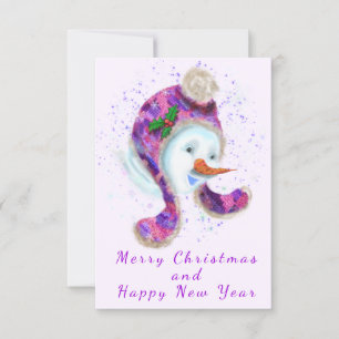 Carte Happy Snowman Dans Purple Rose Beanie Hiver Casque