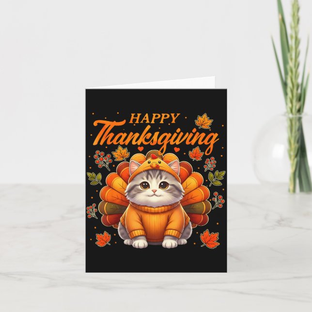 Carte Happy Thanksgiving Cat Turkey Day Autumn Fall Men  (Devant)