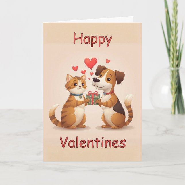 Carte Happy Valentines Cat & Dog design (Devant)