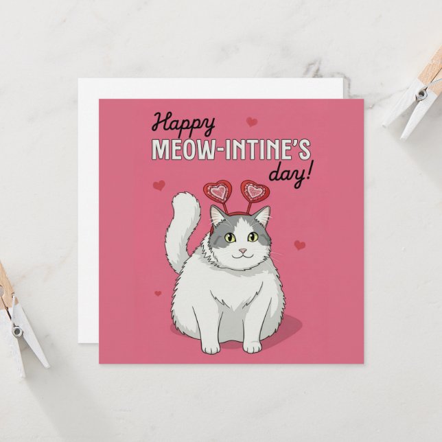 Carte Happy Valentines Day Cute Cat With Heart Headband (Devant/Arrière en situation)