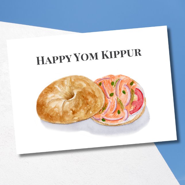 Carte Happy Yom Kippur Bagels au saumon fumé aquarelle  (Créateur téléchargé)