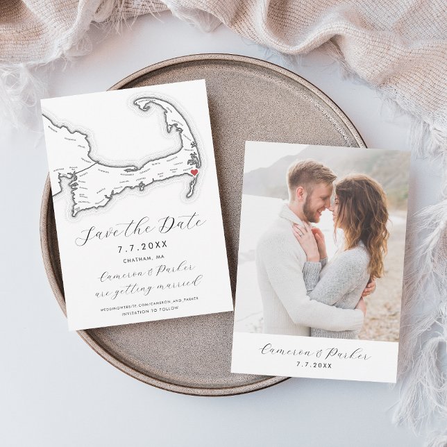 Carte Harwich MA Cape Cod Mariage noir et blanc (Chatham MA Cape Cod Map Save the Date with Photo in Elegant Modern Black and White )