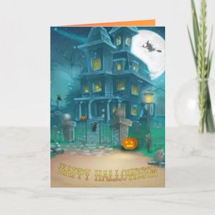 Carte Haunted House Happy Halloween-sorcière, citrouille