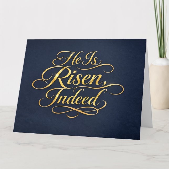 Carte He Is Risen – Elegant Gold Script Easter (Devant)