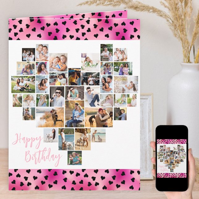 Carte Heart Photo Collage Pink Love Heart Anniversaire (Créateur téléchargé)