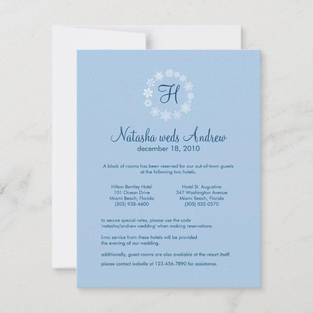 Carte Hébergement Mariage de Snowflakes hiver (Devant)