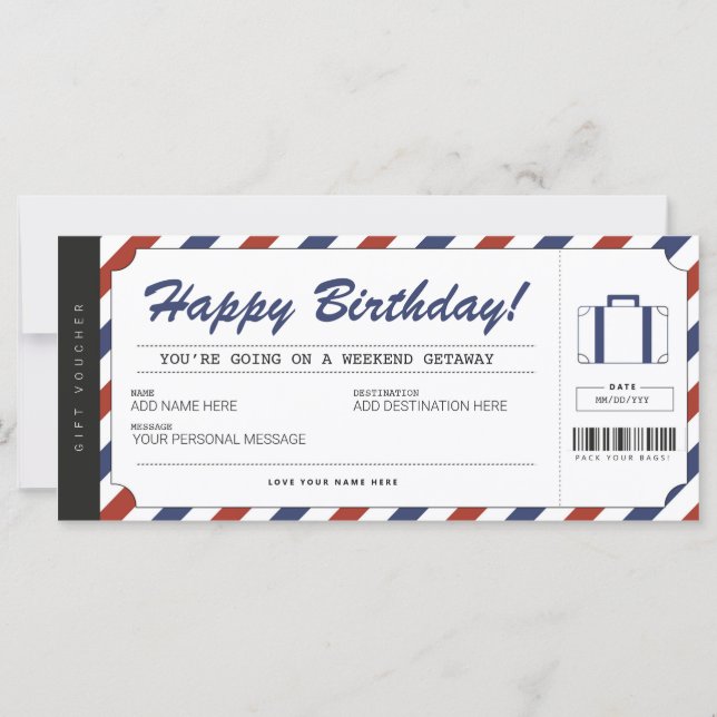 Carte Heekend Getaway Anniversaire Bon de voyage cadeau (Devant)