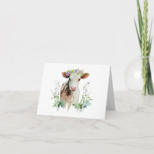 Carte Heifer rouge et blanc (vache) avec Fleurs BLANC