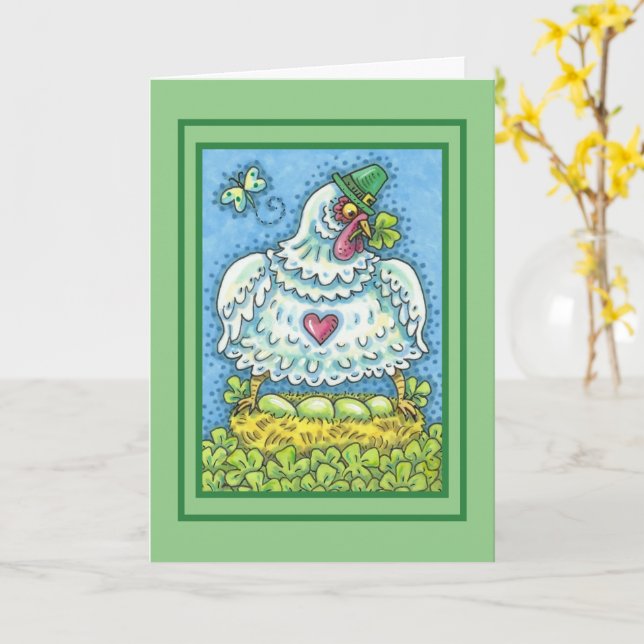 CARTE HEN IRLANDAIS FUNNY, OEUFS VERTS ET COUPE SHAMROCK (Fleur jaune)