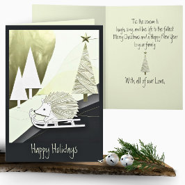 Carte Hérisson de Noël Origami Blanc Bleu sur un traînea