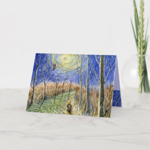 Carte Hérisson, hibou, lune et étoiles Aquarelle