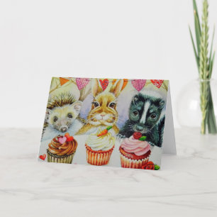 Carte Hérisson Lapin Mouffette & Gâteaux Art à l'aquarel