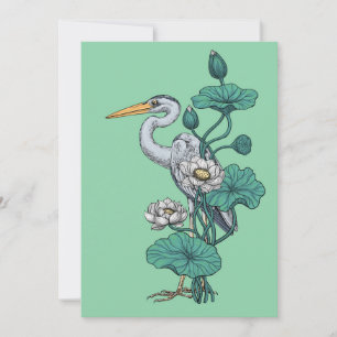 Carte Héron dans le jardin de lotus blanc sur jade