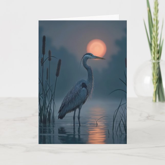 Carte Heron gris avec lune rose penser à vous (Devant)