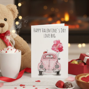 Carte Heureuse Sainte-Valentin Love Bug Pink Car Ballons