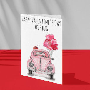 Carte Heureuse Sainte-Valentin Love Bug Pink Car Ballons