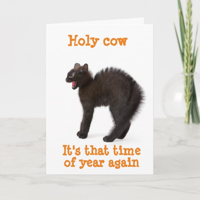CARTE *HEUREUX HALLOWEEN** DU CHAT EN BALCK TRÈS HAUT (Devant)