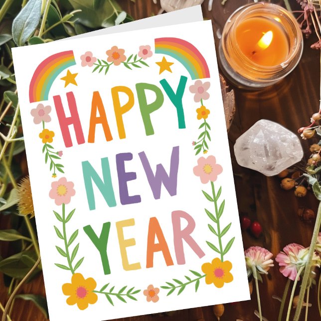 Carte HEUREUX Whimsical HEUREUX manuel de la nouvelle an (Cheerful Whimsical HAPPY NEW YEAR Rainbow Flowers Boho Handlettering Card
)