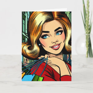 Carte Hey Bestie, Retro Pop Art Comic Shopping Girl