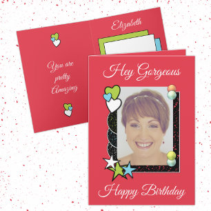 Carte Hey coeurs magnifiques étoiles photo rouge anniver