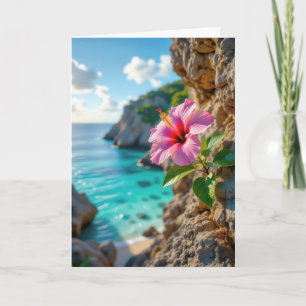 Carte Hibiscus rose fuchsia d'anniversaire poussant sur 