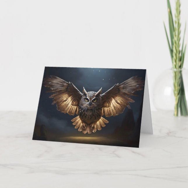 Carte Hibou Magnifique Volant la Nuit Ailes Déployées (Devant)