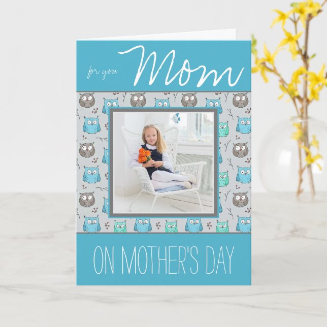 Carte Hiboux gris et bleus avec photo Fête des mères (Fleur jaune)
