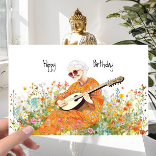 Carte Hippie Girl 60s Retro Flower Power - Anniversaire 