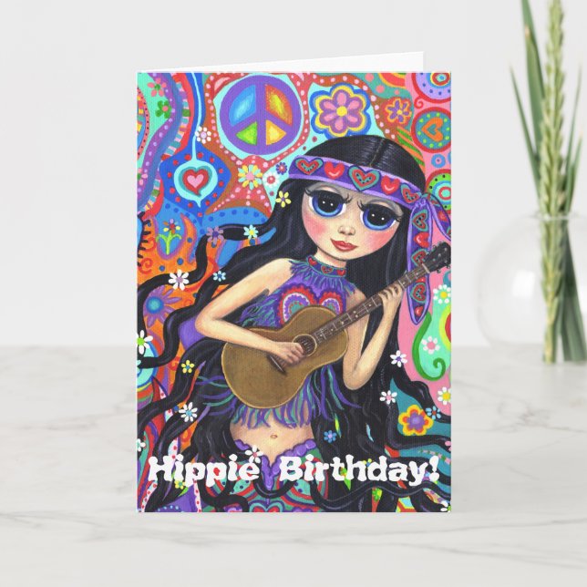 Carte Hippie Mermaid, fille psychédélique avec la guitar (Devant)