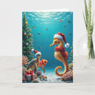 Carte Hippocampe de Noël sous-marin et tortue de mer