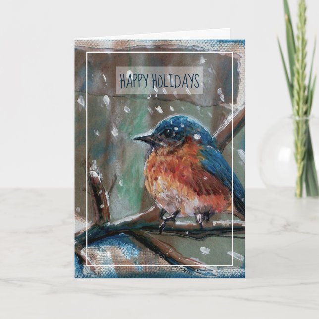 Carte Hiver Bleu OrientalPeinture Oiseau Joyeux Vacances (Devant)