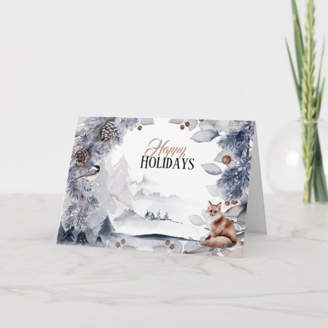 Carte Hiver festif neige renard rouge paysage xmas (Devant)