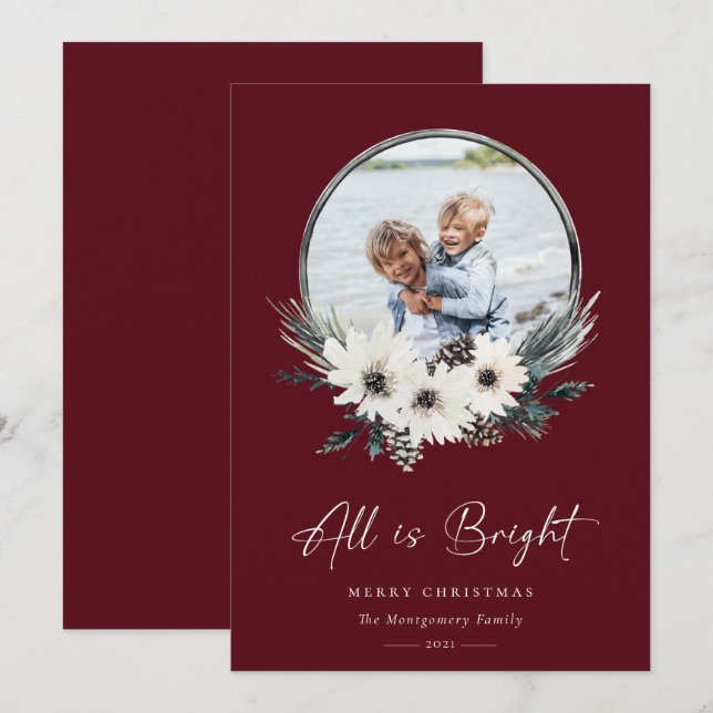Carte Hiver Floral Hoop Wreath Photo Holiday Card (Devant / Derrière)