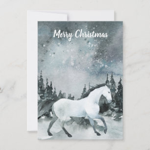 Carte Hiver Forêt de bois Cheval blanc Joyeux Noël