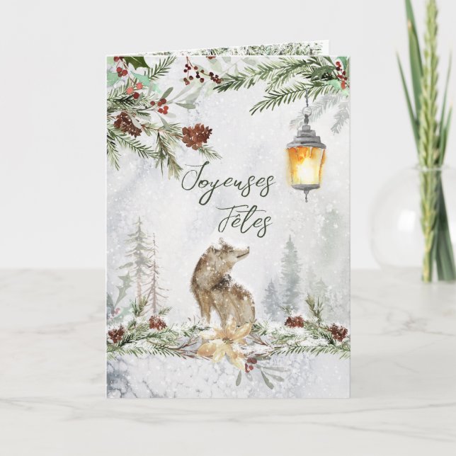 Carte Hiver Paysage forestier Wolf Français Noël (Devant)