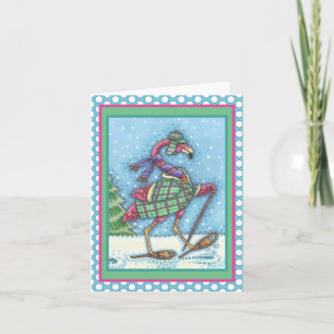 CARTE HIVER SNOWSHOOWS & COAT PINK FLAMANT ROSE TREKKING