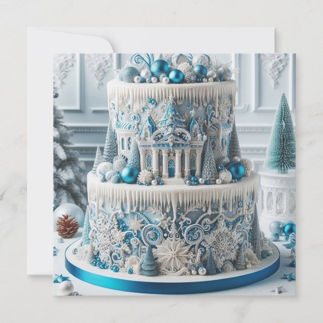 CARTE HIVER WONDERLAND GÂTEAU D'ANNIVERSAIRE BLEU & BLAN (Devant)