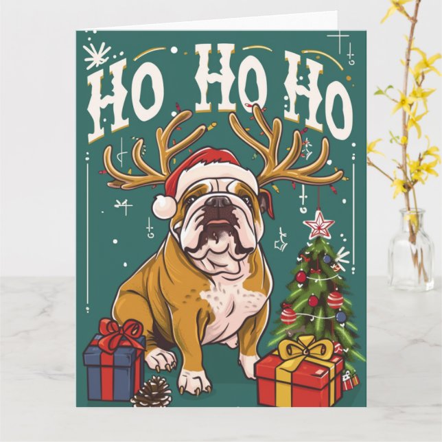 Carte Ho Ho Ho Français Bulldog Noël (Fleur jaune)