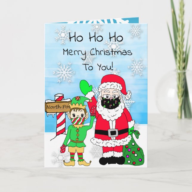 Carte Ho Ho Ho Joyeux Noël Père Noël et Elf en Facemask (Devant)
