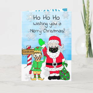 Carte Ho Ho Ho Joyeux Noël Père Noël et Elf en Facemask