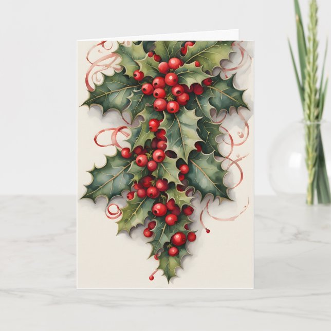 Carte Holly avec Vibrant Red Berries Noël (Devant)